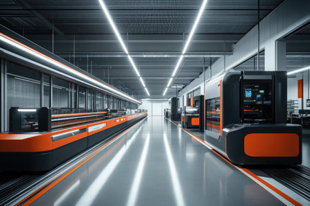Automated machinery operating inside a contemporary factory, showcasing advanced manufacturing technologyの素材