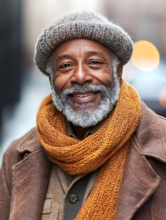 Portrait of a fashionable senior man smiling and wearing a knitted hat and scarf during winter in the cityの素材