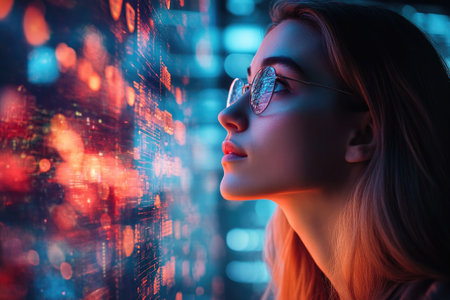 Woman software engineer wearing glasses analyzing code projected on futuristic transparent display in data center control roomの素材