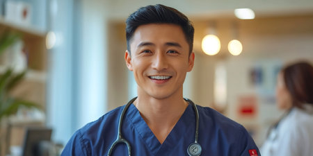 Friendly medical professional smiles confidently, representing healthcare expertise and patient careの素材