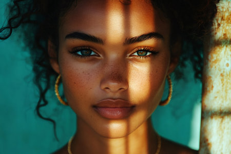 Close up portrait of a young woman with beautiful green eyes, curly hair, and golden hoop earrings, highlighting her natural beauty and frecklesの素材