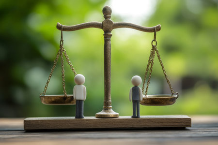Two businessmen are standing on a balanced scale of justice, symbolizing fair business decisions and equal opportunitiesの素材