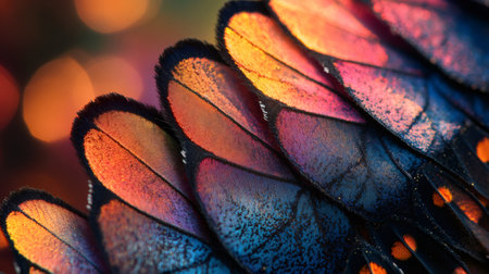 Extreme close up of butterfly wing revealing vibrant colors and delicate structure, creating captivating visualの素材