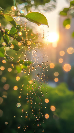 Beautiful glistening dew drops hanging on spider web strands with sunlight reflecting at dawnの素材
