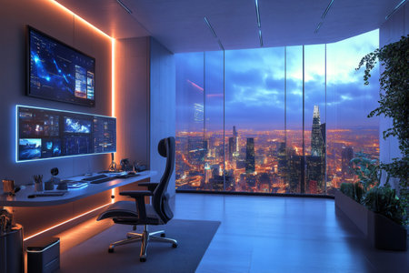 Futuristic office space featuring multiple computer monitors displaying data, overlooking a vibrant cityscape at duskの素材