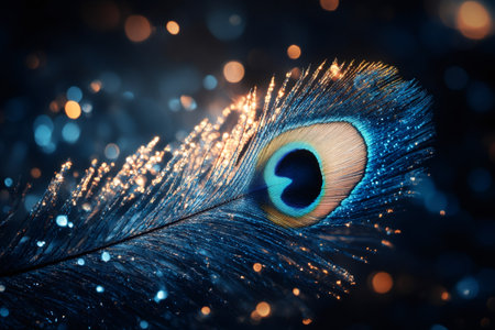 Close up of a peacock feather adorned with shimmering dewdrops, creating a magical aura against a softly blurred twilight backdropの素材