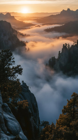 Scenic sunrise illuminating a misty valley and rocky peaks in Custer State Park, South Dakotaの素材