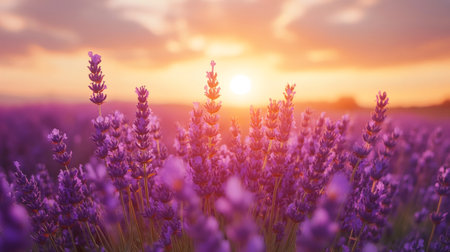 Stunning lavender field at sunset, creating a beautiful and serene landscapeの素材