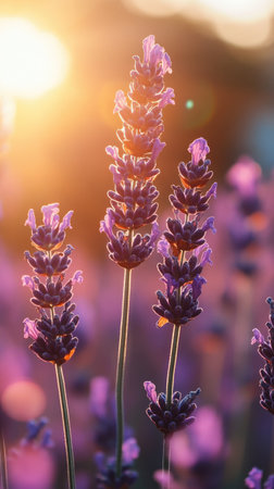 Lavender flowers growing in a field during a beautiful sunset, with the orange sun in the backgroundの素材