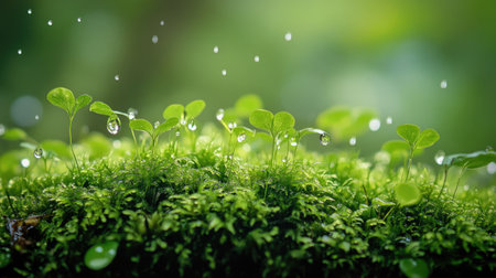 Close up of small plants growing on a bed of moss, with water drops falling and creating a refreshing sceneの素材