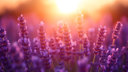 Lavender flowers blooming in a field during a vibrant sunset, creating a captivating natural landscapeの素材