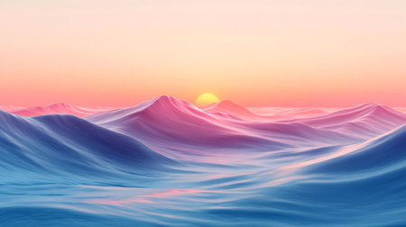 Rolling hills bathed in the warm glow of sunset create a surreal and dreamy landscapeの素材