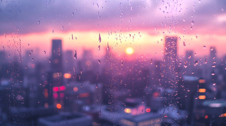 Raindrops trickling down a window pane create an abstract pattern against a blurred cityscape backdrop at sunsetの素材