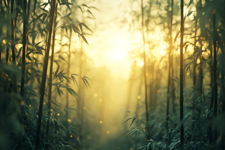 Warm sunlight filters through a dense bamboo forest, creating a serene and magical atmosphere at sunriseの素材