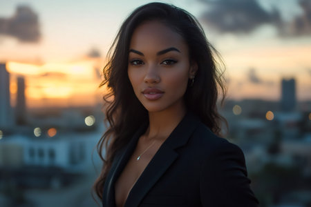 Professional woman standing confidently with cityscape at sunsetの素材