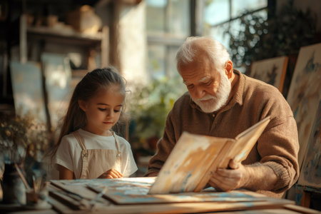 Grandfather showing artwork to his granddaughter in an art studio, sharing a special moment togetherの素材