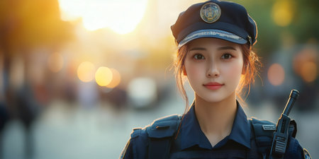 Confident asian policewoman wearing uniform and carrying equipment while patrolling urban environment at sunsetの素材