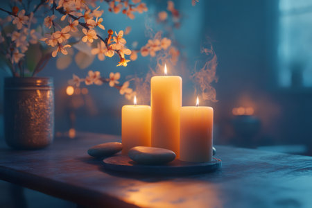 Three burning candles create a warm glow, illuminating spring flowers in a cozy room, adding a touch of tranquilityの素材