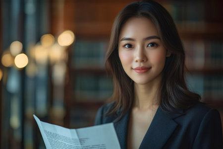 Portrait of a smiling businesswoman holding and reading a document in a libraryの素材