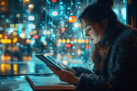 Freelancer working at night in a cafe, using her tablet and watching the rain outside the windowの素材