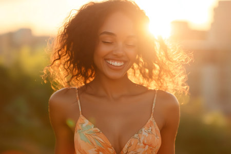 Woman enjoying a sunny day with a radiant smileの素材
