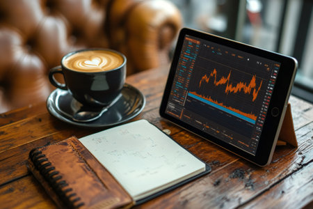 Stock market analysis displayed on tablet with coffee and notebook on wooden table, creating a cozy workspace for investment decisionsの素材