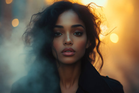 Young woman with curly hair posing in urban environment with bokeh lightsの素材
