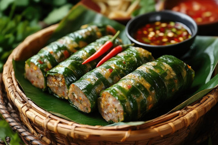 Delicious Vietnamese sausages wrapped in leaves with dipping sauceの素材