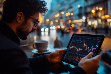 Businessman analyzing stock market data on tablet, working remotely in urban cafeの素材