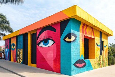 Vibrant mural featuring stylized faces on a building, adding a touch of artistic expression to urban spaceの素材