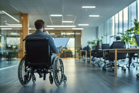 Businessman with disability working using laptop in a modern accessible officeの素材