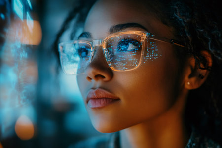 Close up of a young woman programmer wearing smart glasses, working with augmented reality software and holographic computer codeの素材