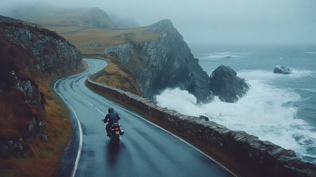 Biker riding a motorcycle on a scenic coastal highway during a stormの素材