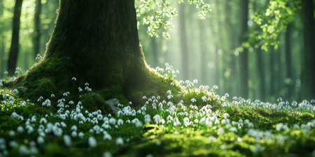 Beautiful white snowdrop flowers blooming under a mossy tree in a sunlit forest, creating a magical spring atmosphereの素材