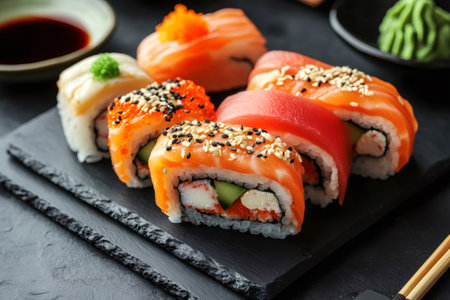 Freshly prepared uramaki sushi showcasing vibrant colors and textures, ready to be enjoyedの素材