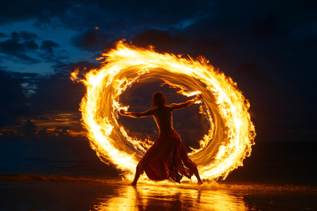 Fire dancer making a circle of fire with flaming poi on a beach at sunsetの素材