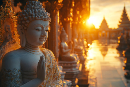 White buddha statue with hands together in prayer position during a beautiful golden sunset in a buddhist templeの素材