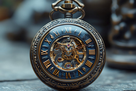 Close up of an antique pocket watch with visible gears, showcasing craftsmanship and the passage of timeの素材