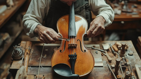 Senior luthier working on a violin bridge in his workshop, using tools and precisionの素材