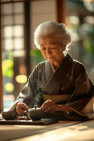 Senior woman pouring tea during a traditional Japanese tea ceremony, wearing a kimono in a serene settingの素材