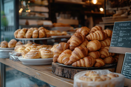 Freshly baked golden brown croissants tempting customers from a bakery window displayの素材
