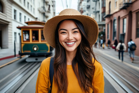 Happy young woman wearing straw hat standing in the middle of street with historic cable car approaching in San Francisco, Californiaの素材