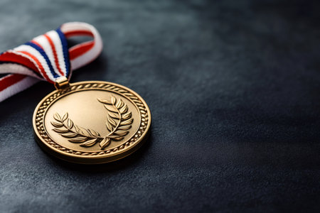 Gold medal with laurel wreath and ribbon on dark background symbolizing achievement, victory and hard workの素材
