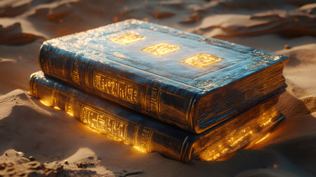 Two ancient books emitting golden light are lying on the sand in the desertの素材