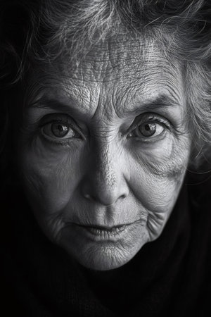 Black and white portrait capturing the expressive face of a senior woman, highlighting the beauty and wisdom that comes with ageの素材