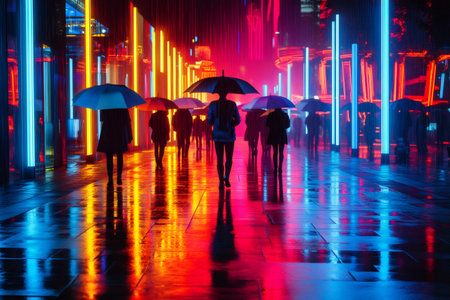 Citizens walking with umbrellas on a rainy night in a futuristic, neon lit cyberpunk cityの素材