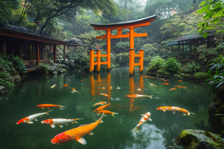 Colorful koi carps swimming in a pond of a traditional Japanese garden with a torii gate in the backgroundの素材