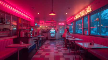 Waitress is setting up tables in a vintage American diner, bathed in the warm glow of neon lightsの素材
