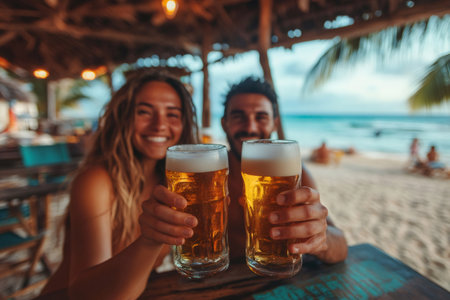 Tourists enjoying refreshing beers at a beach bar, celebrating vacation togetherの素材