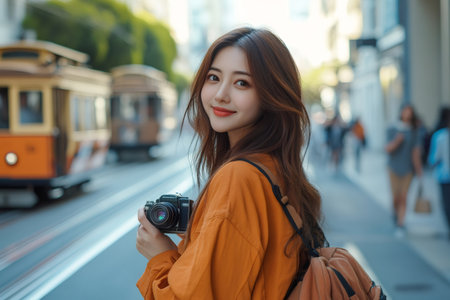 Young female tourist holding a camera is looking at the cable car passing by in San Franciscoの素材